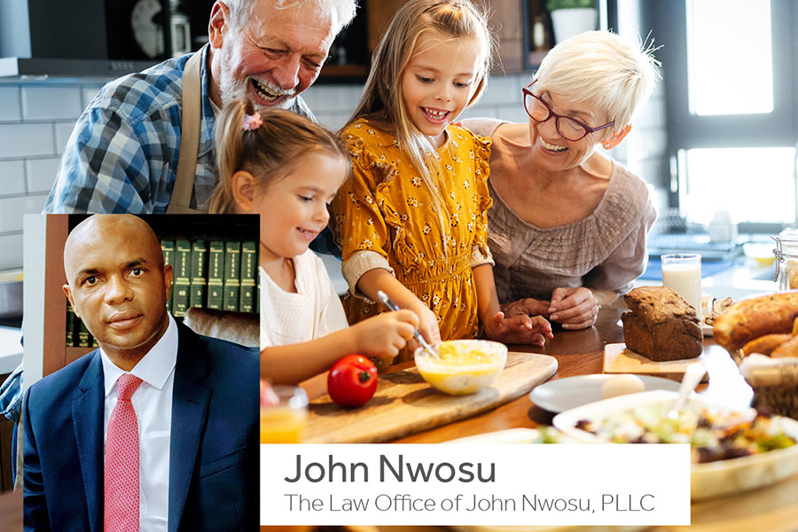 Grandparents cooking with grandchildren and a headshot of the webinar host, John Nwosu