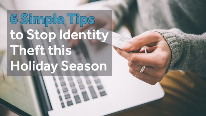 6 tips to stop identity theft this holiday season. image of hand holding credit card while making online purchase with laptop