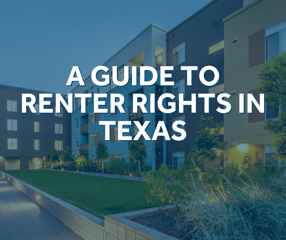 A picture of brown and white apartments and a courtyard. Text over the image says "A Guide to Renter Rights in Texas".