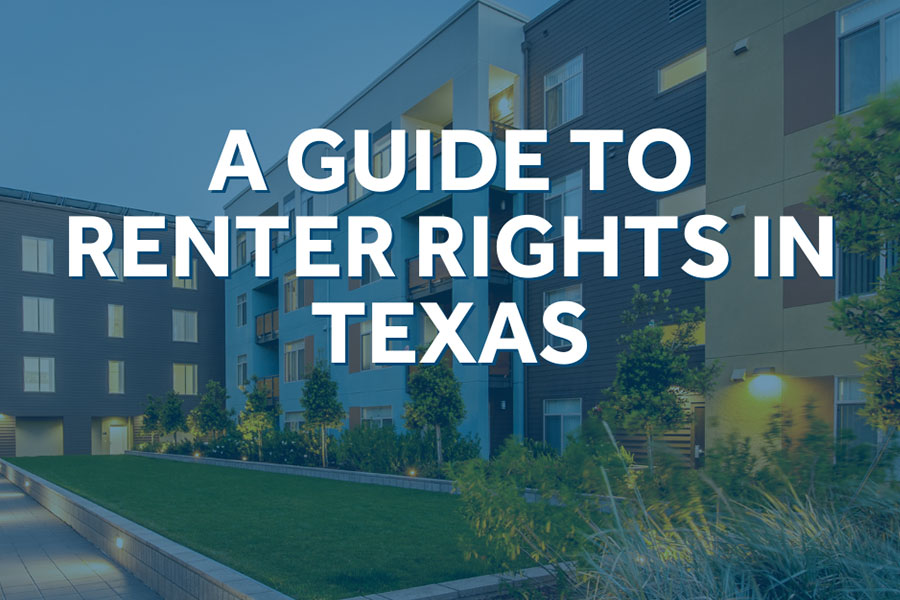 A picture of brown and white apartments and a courtyard. Text over the image says "A Guide to Renter Rights in Texas"