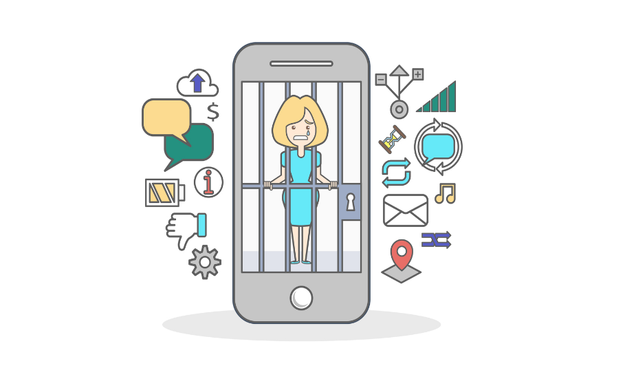 Illustration of a woman imprisoned in a cell phone surrounded by icons representing social media notifications