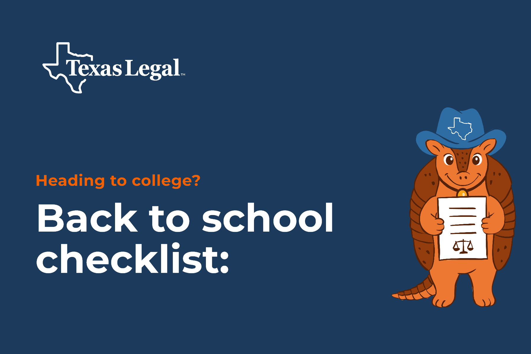 Back to school checklist blue blog header with armadillo, Lenny